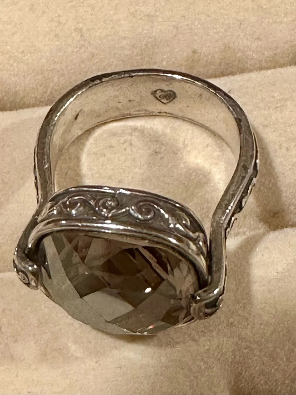 Brighton Silver-Tone Filigree Ring with Smoky Tan Faceted Stone- size 9 w/ bag